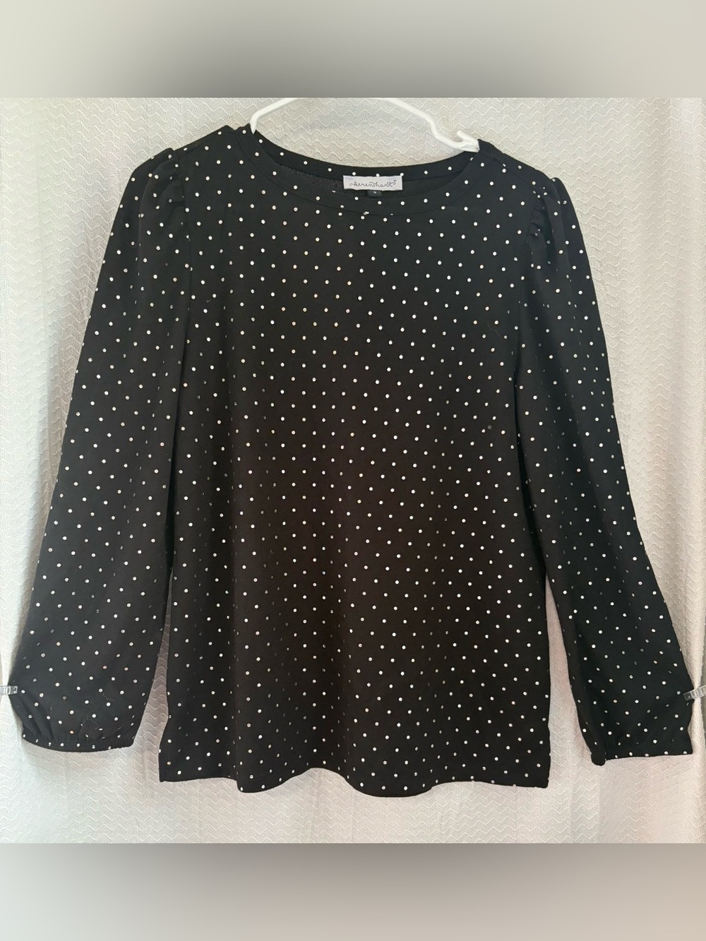 keren hart black polka dot blouse with silver shimmer dots. Size S